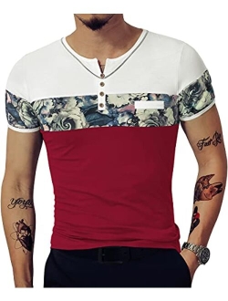 LOGEEYAR Men's Casual Slim Fit Short/Long Sleeve Shirts Fashion Color Block Printing Henley T-Shirts