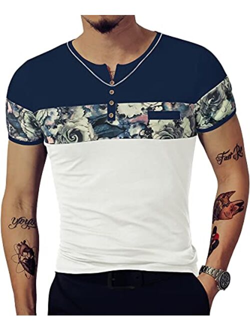 LOGEEYAR Men's Casual Slim Fit Short/Long Sleeve Shirts Fashion Color Block Printing Henley T-Shirts