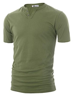 OHOO Mens Slim Fit Casual Short Sleeve Placket Melange Color Fabric Cotton Henley T-Shirts
