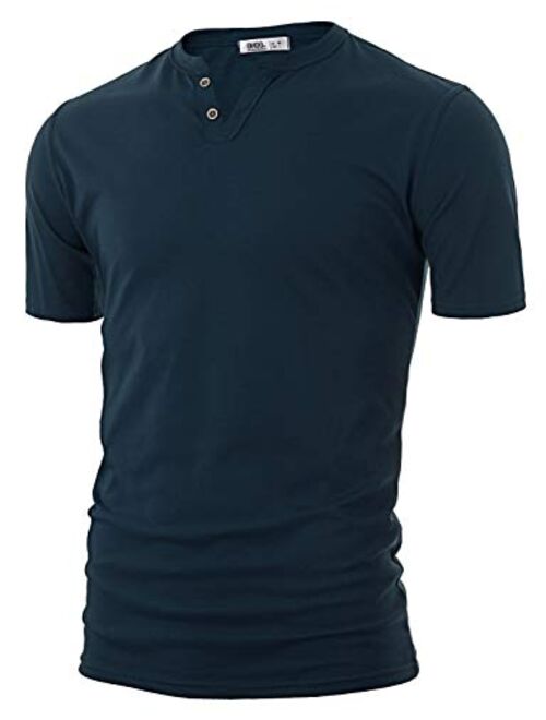 OHOO Mens Slim Fit Casual Short Sleeve Placket Melange Color Fabric Cotton Henley T-Shirts