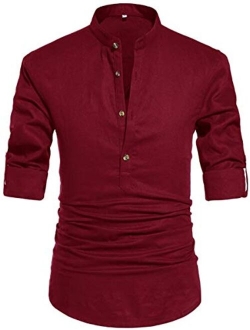 THWEI Mens Linen Henley Shirt Loose Fit Roll Up Long Sleeve Casual Solid T-Shirt