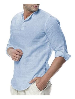 THWEI Mens Linen Henley Shirt Loose Fit Roll Up Long Sleeve Casual Solid T-Shirt