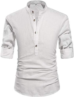 THWEI Mens Linen Henley Shirt Loose Fit Roll Up Long Sleeve Casual Solid T-Shirt