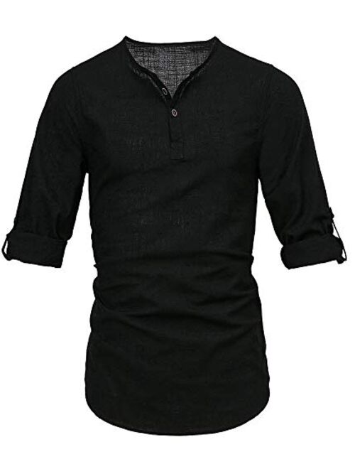 THWEI Mens Linen Henley Shirt Loose Fit Roll Up Long Sleeve Casual Solid T-Shirt