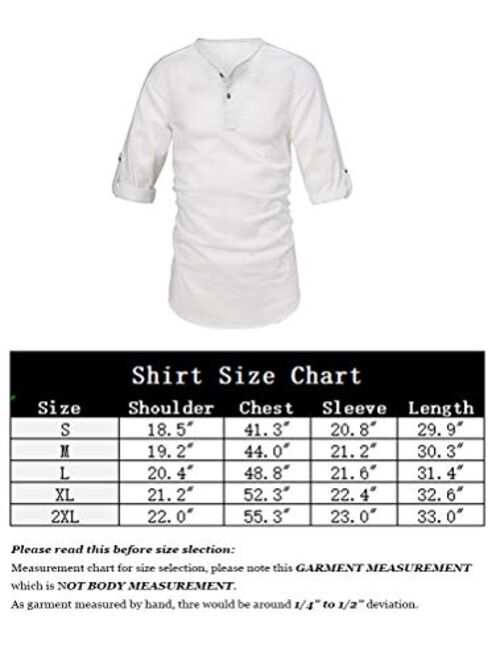 THWEI Mens Linen Henley Shirt Loose Fit Roll Up Long Sleeve Casual Solid T-Shirt