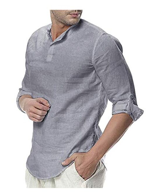 THWEI Mens Linen Henley Shirt Loose Fit Roll Up Long Sleeve Casual Solid T-Shirt