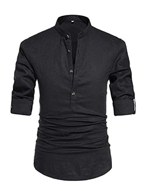 THWEI Mens Linen Henley Shirt Loose Fit Roll Up Long Sleeve Casual Solid T-Shirt