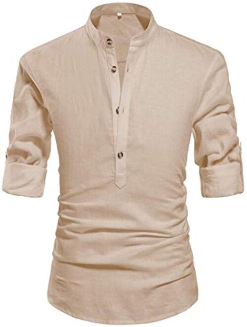 THWEI Mens Linen Henley Shirt Loose Fit Roll Up Long Sleeve Casual Solid T-Shirt