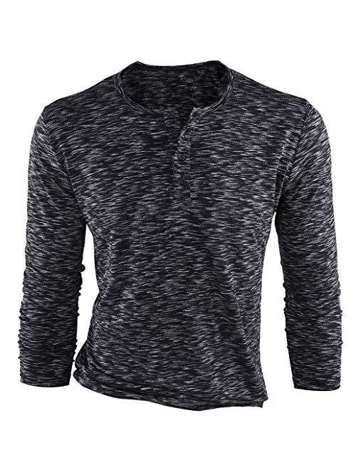 FORBUSITE Men Slim Henley T Shirts Long Sleeve Striped