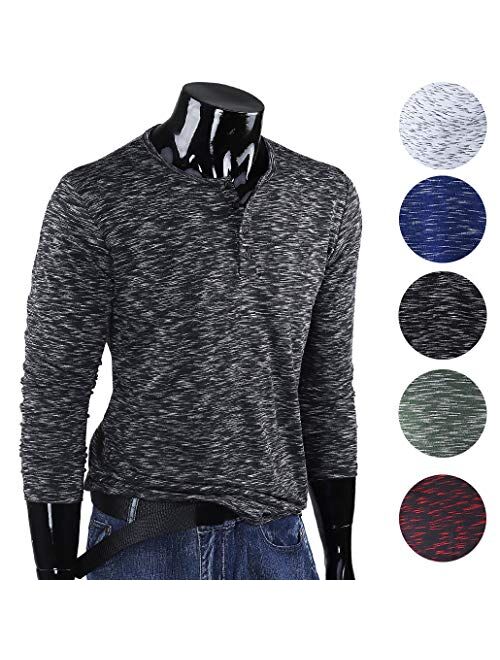 FORBUSITE Men Slim Henley T Shirts Long Sleeve Striped