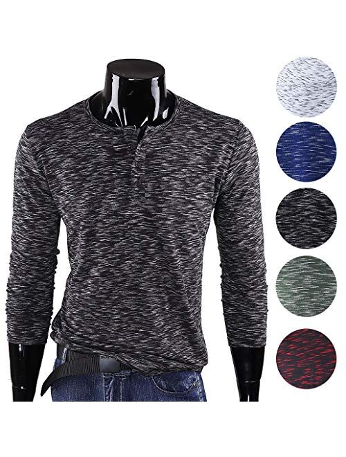 FORBUSITE Men Slim Henley T Shirts Long Sleeve Striped