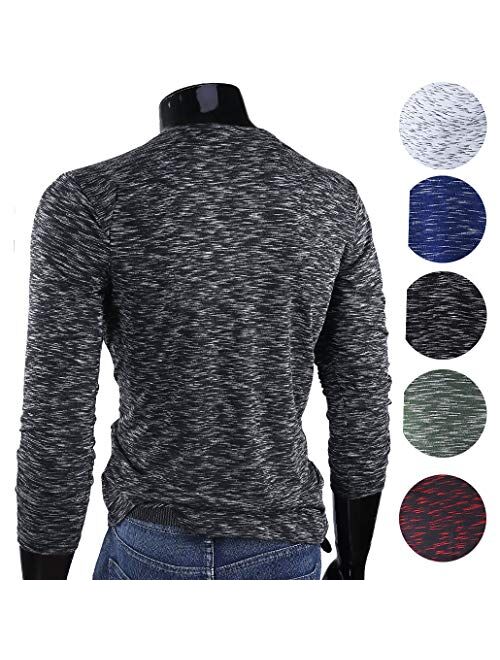 FORBUSITE Men Slim Henley T Shirts Long Sleeve Striped