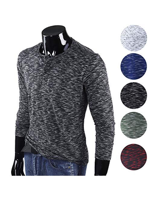 FORBUSITE Men Slim Henley T Shirts Long Sleeve Striped