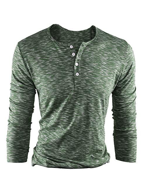 FORBUSITE Men Slim Henley T Shirts Long Sleeve Striped