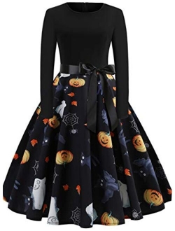 Halloween Dresses Womens Long Sleeve Cocktail Swing Dress Skeleton Pumpkin Printed Cosplay Party Costume