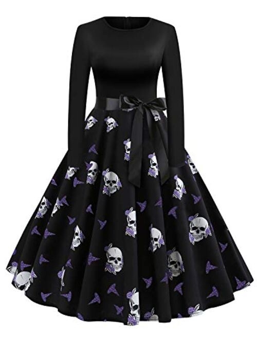 Halloween Dresses Womens Long Sleeve Cocktail Swing Dress Skeleton Pumpkin Printed Cosplay Party Costume