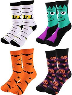 4 Pairs Halloween Novelty Socks Pumpkins Bats Cotton Socks Colorful Funny Crew Socks for Women and Men (Color Set 1)