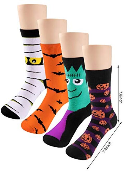 4 Pairs Halloween Novelty Socks Pumpkins Bats Cotton Socks Colorful Funny Crew Socks for Women and Men (Color Set 1)