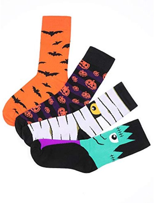 4 Pairs Halloween Novelty Socks Pumpkins Bats Cotton Socks Colorful Funny Crew Socks for Women and Men (Color Set 1)