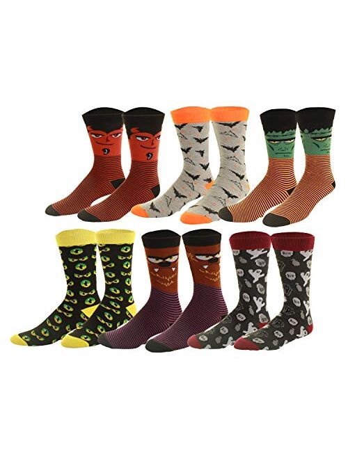 Mens Halloween Socks, Pumpkins, Bats, Zombie Faces, Casual Dress Socks 6 Pack