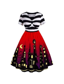 ROSE GAL Women's Plus Size Halloween Dress Funny Striped Pumpkin Halloween Costume Flared Dresses