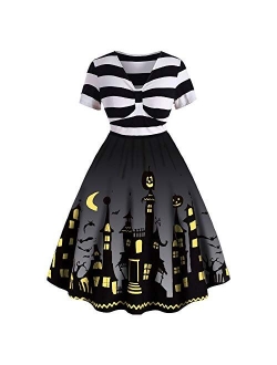 ROSE GAL Women's Plus Size Halloween Dress Funny Striped Pumpkin Halloween Costume Flared Dresses