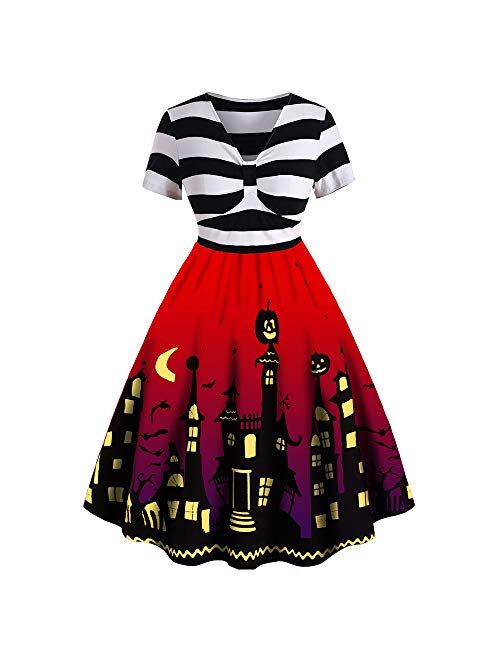 ROSE GAL Women's Plus Size Halloween Dress Funny Striped Pumpkin Halloween Costume Flared Dresses