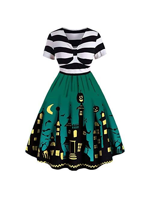 ROSE GAL Women's Plus Size Halloween Dress Funny Striped Pumpkin Halloween Costume Flared Dresses