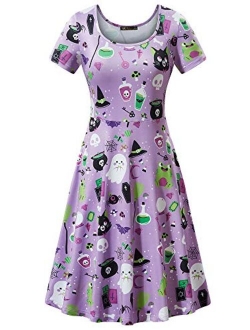 NASHALYLY Women's Halloween Dress Short Sleeves Printed Vintage Style A-Line Party Dress