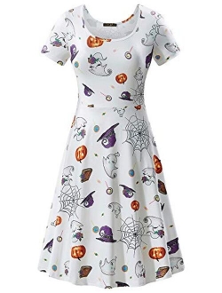 NASHALYLY Women's Halloween Dress Short Sleeves Printed Vintage Style A-Line Party Dress