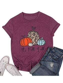 Its Fall Yall Graphic Shirt Women Thanksgiving Pumpkin Splicing Sleeve Fall Shirt Tops