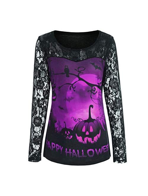 Women Retro Floral Lace Long Sleeve Pumpkin Halloween Blouses