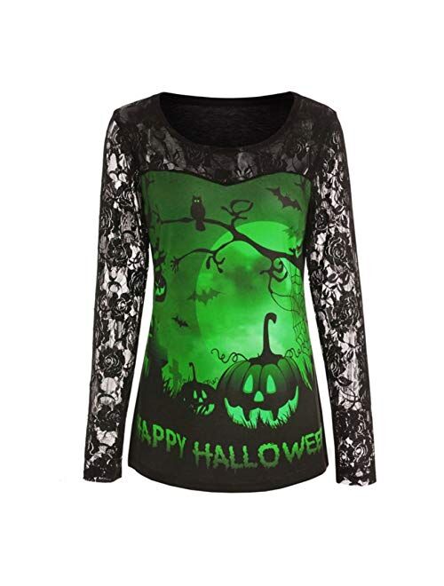 Women Retro Floral Lace Long Sleeve Pumpkin Halloween Blouses