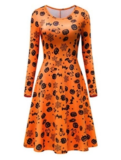 Dutebare Women Halloween Dress Long Sleeve Casual Printed Party Swing Midi Dresses