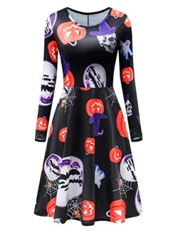 Dutebare Women Halloween Dress Long Sleeve Casual Printed Party Swing Midi Dresses