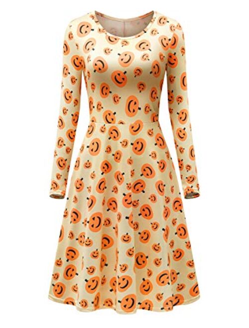 Dutebare Women Halloween Dress Long Sleeve Casual Printed Party Swing Midi Dresses