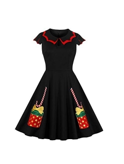 Wellwits Women's Plus Size Bat Spider Web Embroidery Halloween Vintage Dress