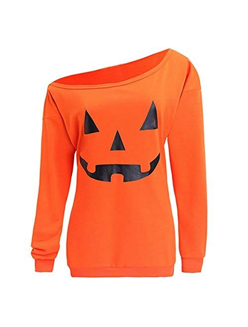 LuFeng Women's Halloween Off Shoulder Skeleton Printing Funny T-Shirt Long Sleeve Sweatshirts Pullover Tops