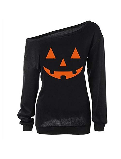 LuFeng Women's Halloween Off Shoulder Skeleton Printing Funny T-Shirt Long Sleeve Sweatshirts Pullover Tops