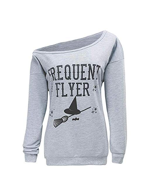 LuFeng Women's Halloween Off Shoulder Skeleton Printing Funny T-Shirt Long Sleeve Sweatshirts Pullover Tops