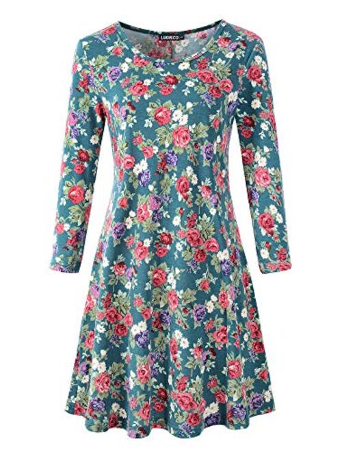 Luckco Women's Scoop Neck 3/4 Sleeve Floral Flare Casual Swing T-Shirt Dress