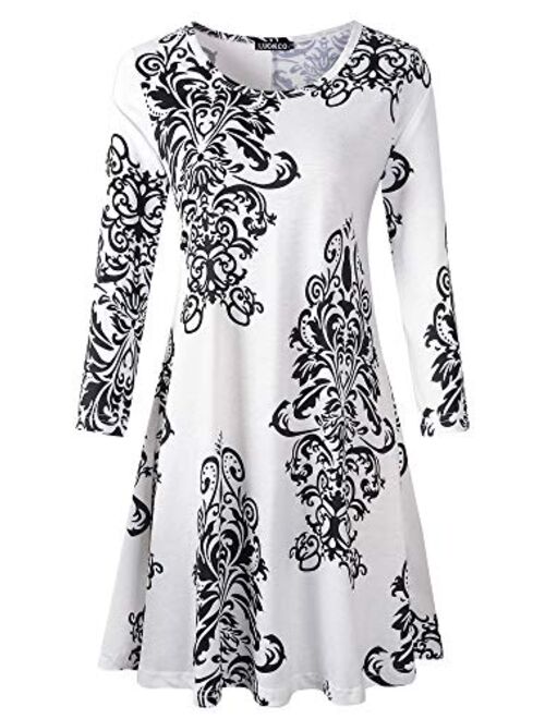 Luckco Women's Scoop Neck 3/4 Sleeve Floral Flare Casual Swing T-Shirt Dress