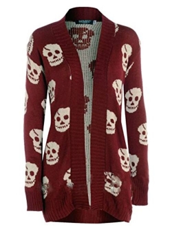 Thever Women Ladies Halloween Skull Skeleton Print Open Front Knitted Cardigan