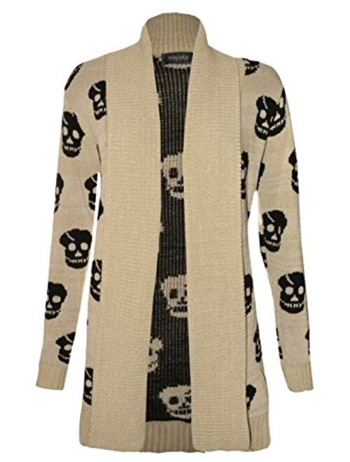 Thever Women Ladies Halloween Skull Skeleton Print Open Front Knitted Cardigan