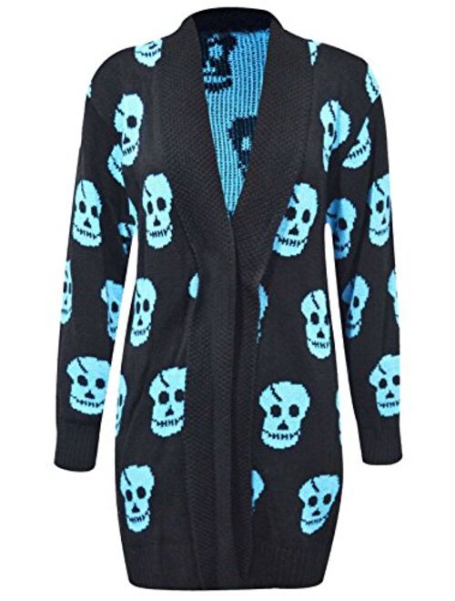 Thever Women Ladies Halloween Skull Skeleton Print Open Front Knitted Cardigan