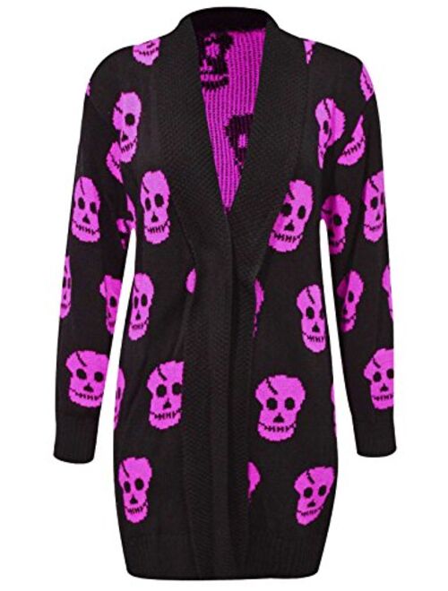 Thever Women Ladies Halloween Skull Skeleton Print Open Front Knitted Cardigan