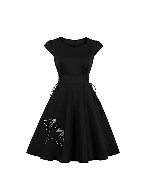 Wellwits Women's Embroidery Lace up Gothic Black Halloween Vintage Dress