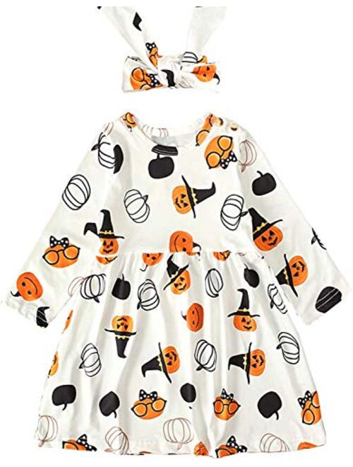 Baby Boys Girls Halloween One-Piece Long Sleeve Jumpsuit Dress Pumpkin Ghost Printed Pajama Outfits