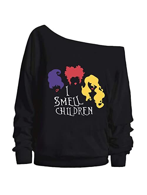 TAOHONG It's Just a Bunch Of Hocus Pocus Sweatshirt Women Halloween Off The Shoulder Tops Funny Graphic Pullover Top