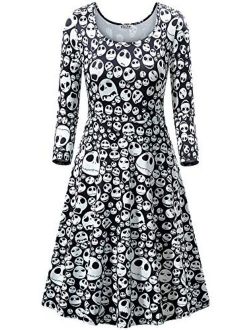 CYiNu Women's Halloween Dress Printed Vintage Style 3/4 Sleeves Round Neck A-Line Party Dresses